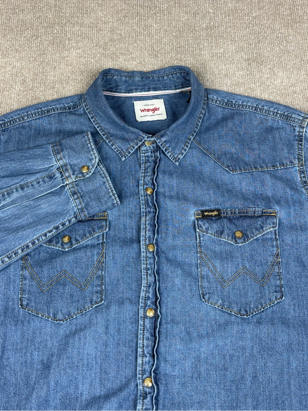 Wrangler Mens XL Long Sleeve Blue Denim Pearl Snap Western Shirt Workwear